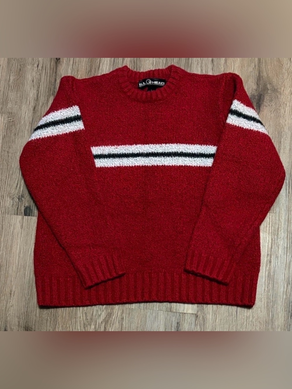 Bull Head Crewneck Sweater with Stripe Detail - Size Large
